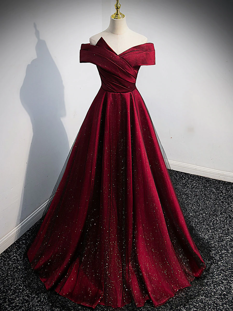 Gorgeous Wine Red Satin Off Shoulder Party Dress , Beautiful Wine Red Prom Dress Main image