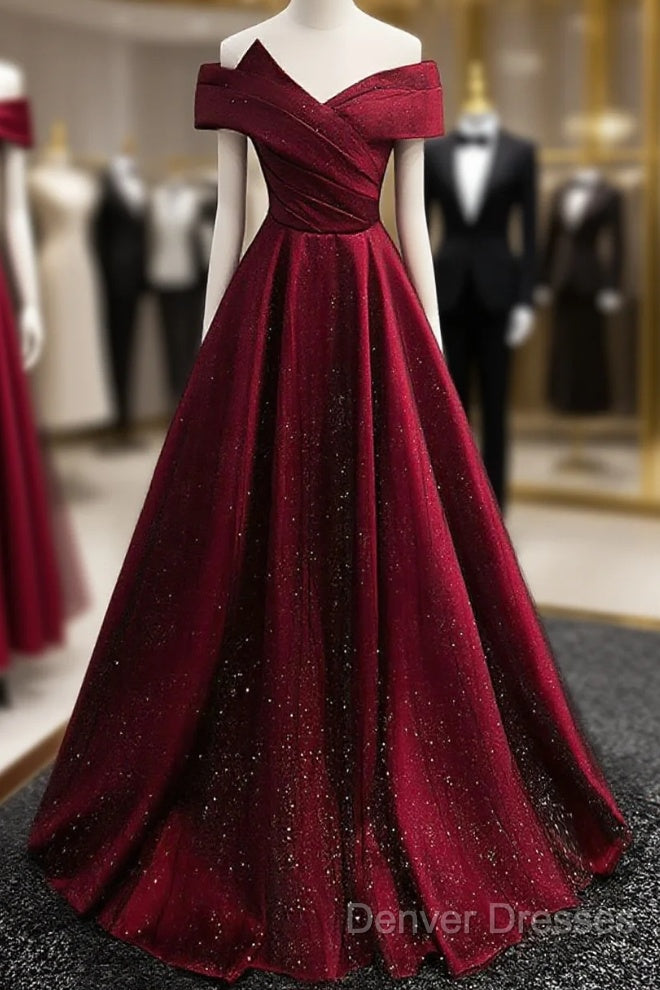 Gorgeous Wine Red Satin Off Shoulder Party Dress , Beautiful Wine Red Prom Dress Main image