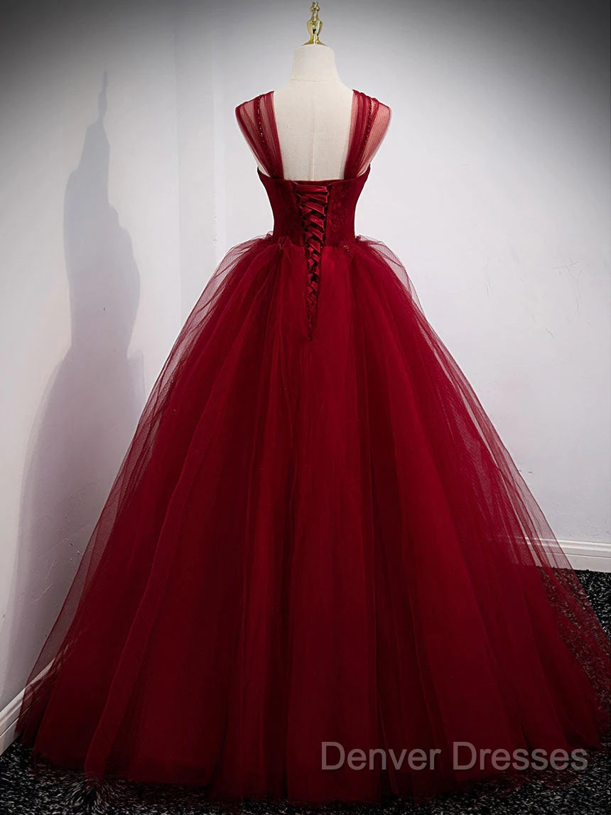 Gorgeous Wine Red Tulle Ball Gown Long Prom Dress Formal Dress, Burgundy Sweet 16 Dress
