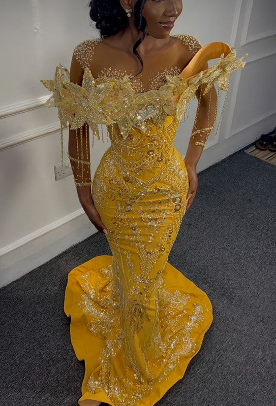 Gorgeous Yellow Beaded Mermaid Evening Dress Long Prom Dress Secondary image