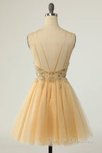 Gorgeous Yellow Homecoming Dress A Line Spaghetti Straps Short Prom Dress with Beading