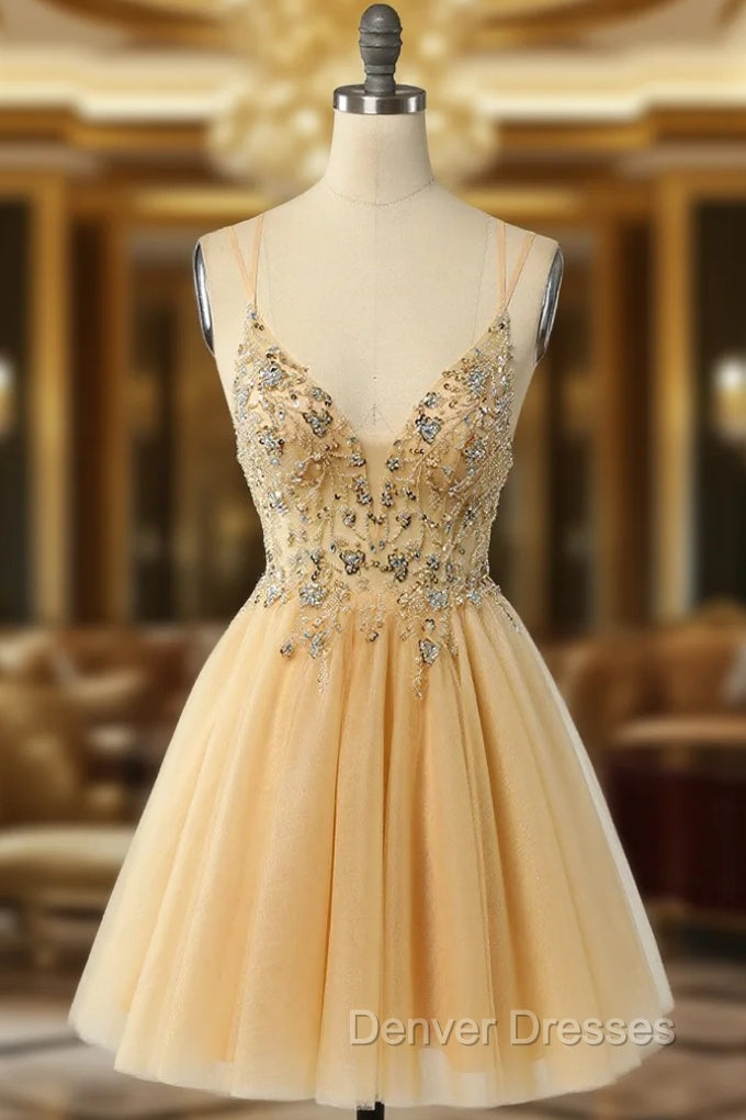 Gorgeous Yellow Homecoming Dress A Line Spaghetti Straps Short Prom Dress with Beading Main image