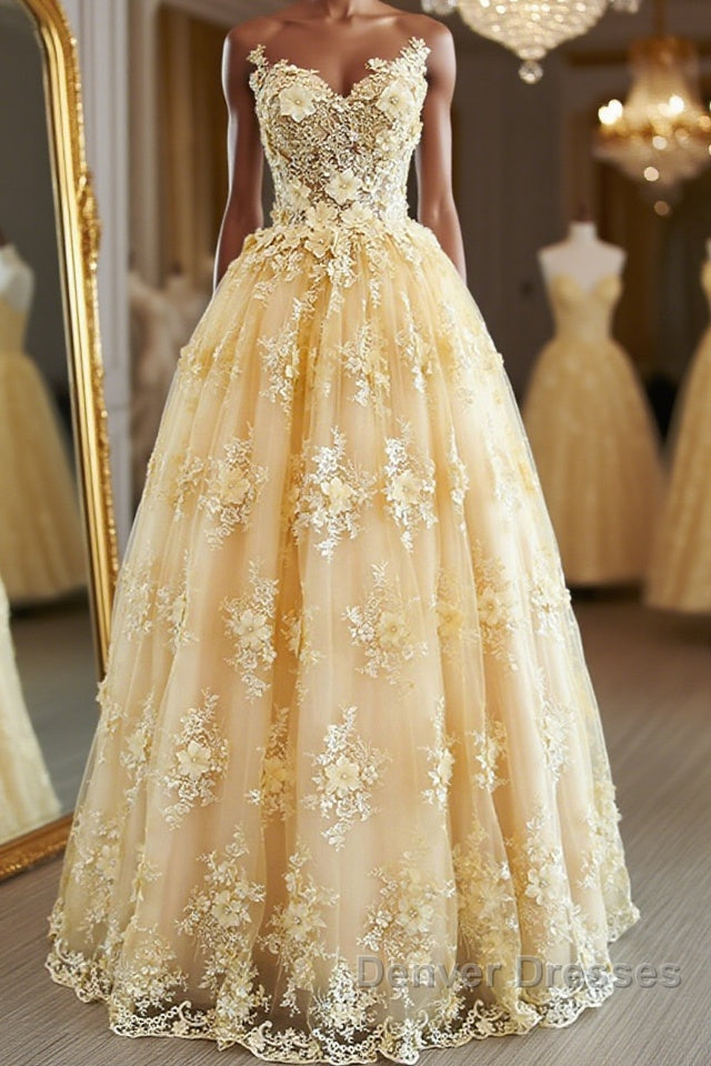 Gorgeous Yellow Lace Appliques Long Prom Dress, Yellow Lace Formal Dress, Yellow Evening Dress Main image
