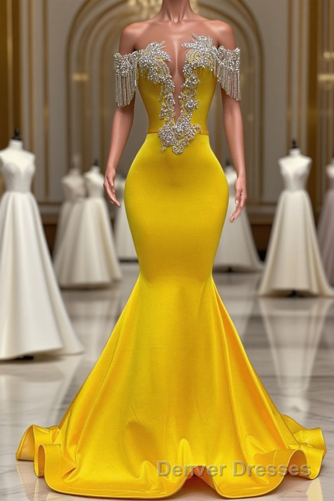 Gorgeous Yellow Long Mermaid Tassel Off the Shoulder Satin Backless Prom Dress with Ruffles Main image