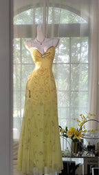 Gorgeous Butter Yellow Spaghetti Straps A-Line Tulle Beaded Long Prom Dress Backless Evening Gowns