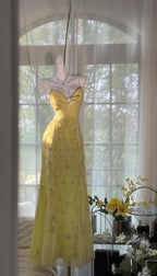 Gorgeous Butter Yellow Spaghetti Straps A-Line Tulle Beaded Long Prom Dress Backless Evening Gowns