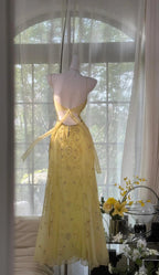 Gorgeous Butter Yellow Spaghetti Straps A-Line Tulle Beaded Long Prom Dress Backless Evening Gowns