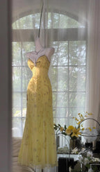 Gorgeous Butter Yellow Spaghetti Straps A-Line Tulle Beaded Long Prom Dress Backless Evening Gowns