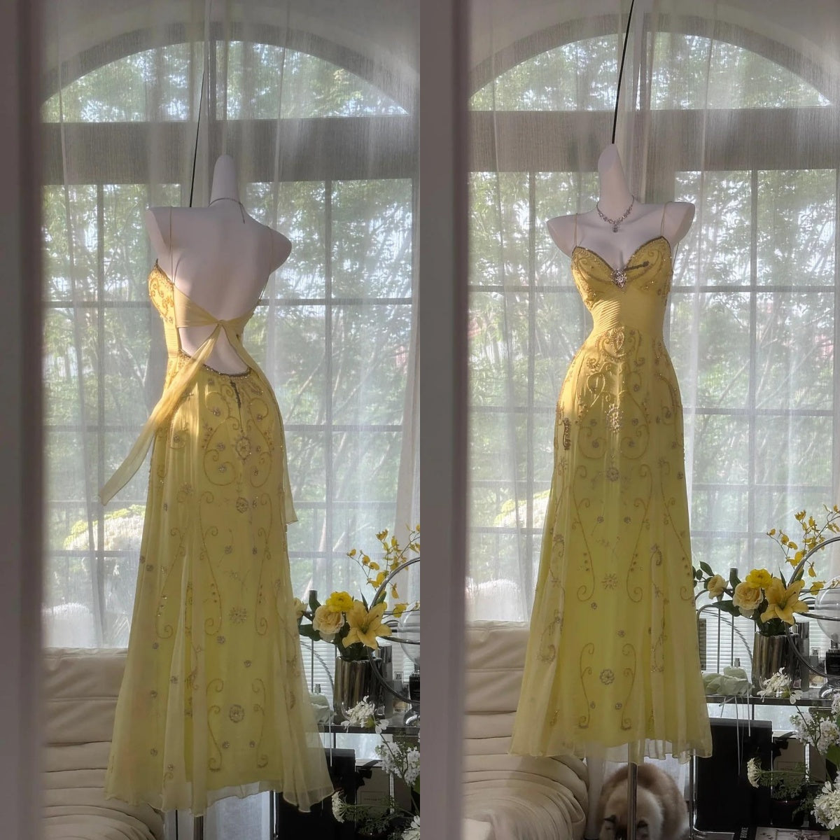 Gorgeous Butter Yellow Spaghetti Straps A-Line Tulle Beaded Long Prom Dress Backless Evening Gowns