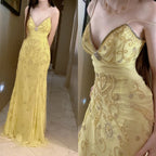 Gorgeous Butter Yellow Spaghetti Straps A-Line Tulle Beaded Long Prom Dress Backless Evening Gowns