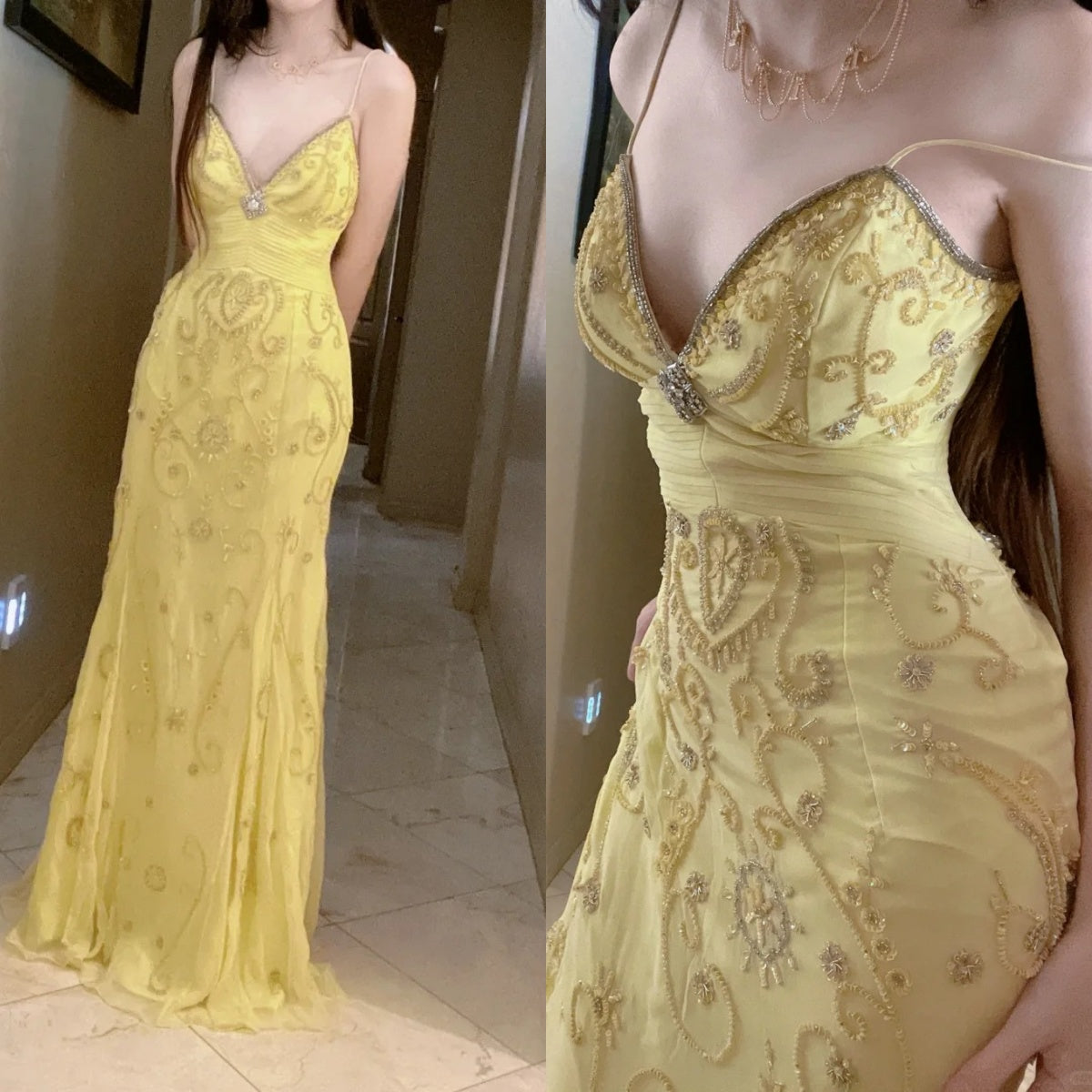 Gorgeous Butter Yellow Spaghetti Straps A-Line Tulle Beaded Long Prom Dress Backless Evening Gowns