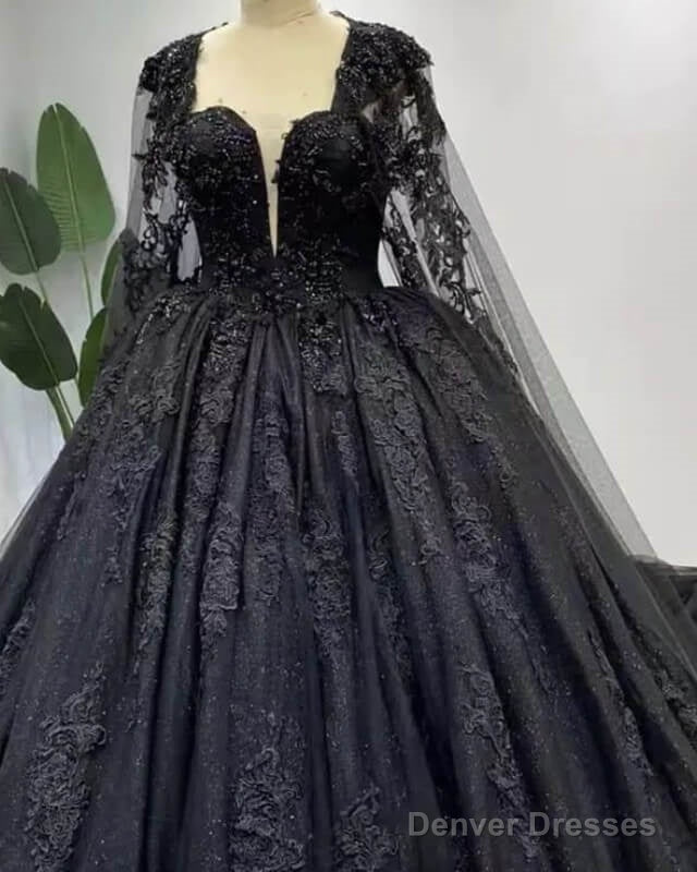 Gothic Black Long Sleeve Wedding Dress With Cape