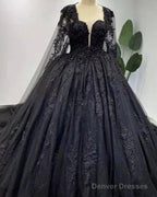 Gothic Black Long Sleeve Wedding Dress With Cape