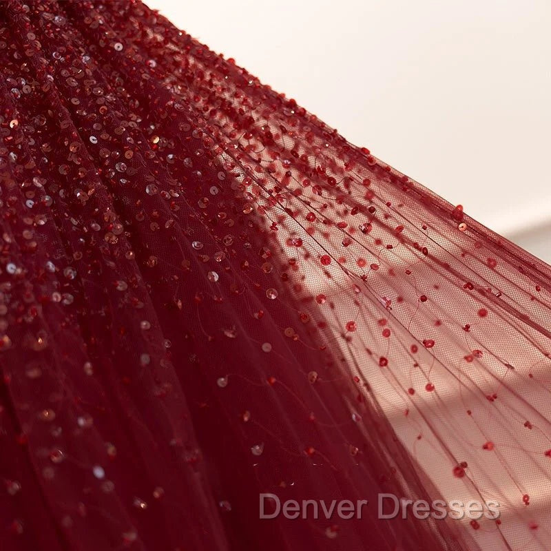 Gothic Burgundy Spaghetti Straps Sequins Beaded Formal Prom Dress Tulle Party Evening Dress