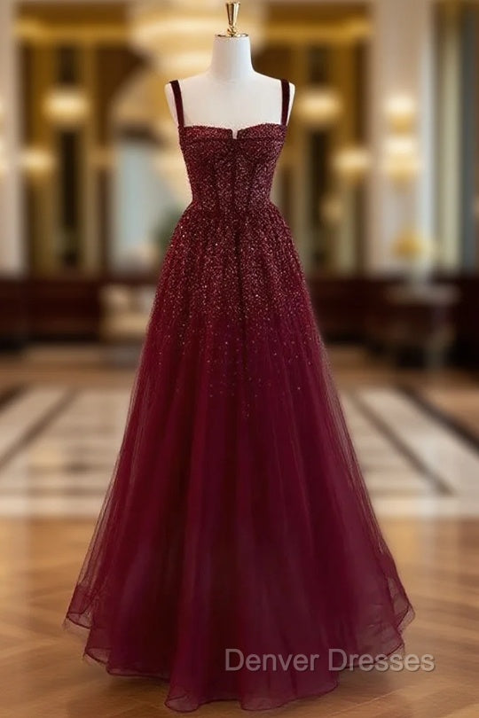 Gothic Burgundy Spaghetti Straps Sequins Beaded Formal Prom Dress Tulle Party Evening Dress Main image