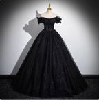 Gothic Court Black Off-The-Shoulder Shimmer Tulle Ball Gown Evening Dress Sweet 16 Dress