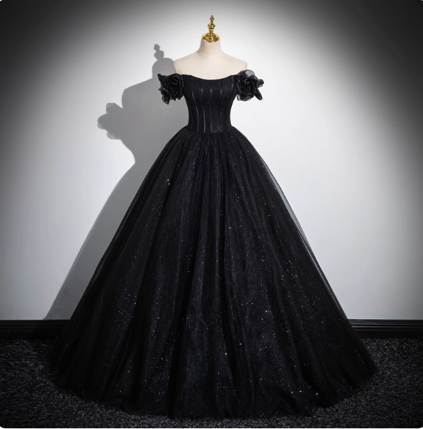 Gothic Court Black Off-The-Shoulder Shimmer Tulle Ball Gown Evening Dress Sweet 16 Dress