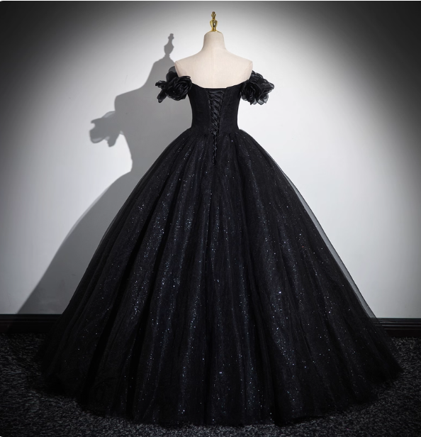 Gothic Court Black Off-The-Shoulder Shimmer Tulle Ball Gown Evening Dress Sweet 16 Dress