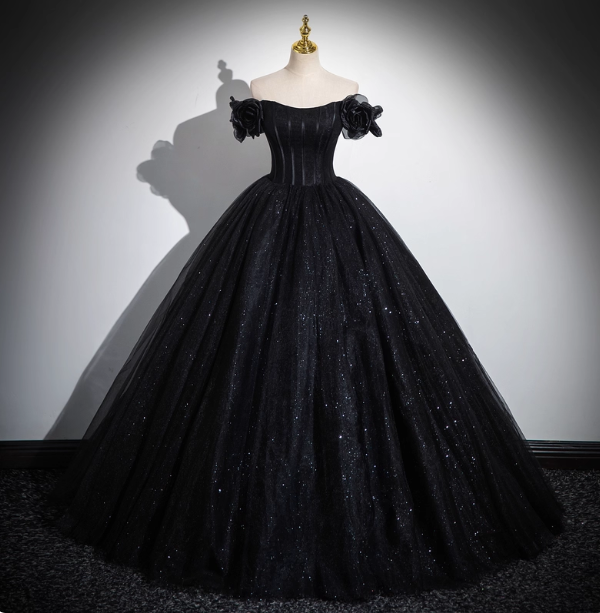 Gothic Court Black Off-The-Shoulder Shimmer Tulle Ball Gown Evening Dress Sweet 16 Dress