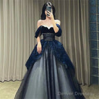 Gothic Glitter Blue Princess Tulle Prom Dress Blue Long Evening Dress