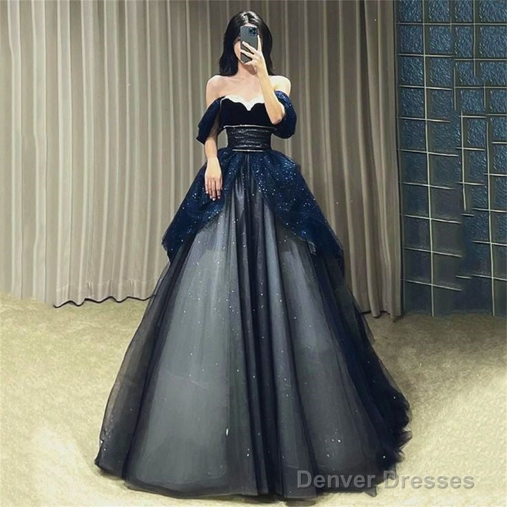 Gothic Glitter Blue Princess Tulle Prom Dress Blue Long Evening Dress