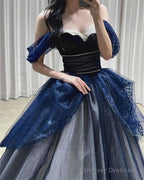 Gothic Glitter Blue Princess Tulle Prom Dress Blue Long Evening Dress