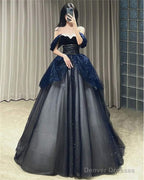 Gothic Glitter Blue Princess Tulle Prom Dress Blue Long Evening Dress