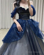 Gothic Glitter Blue Princess Tulle Prom Dress Blue Long Evening Dress