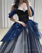 Gothic Glitter Blue Princess Tulle Prom Dress Blue Long Evening Dress