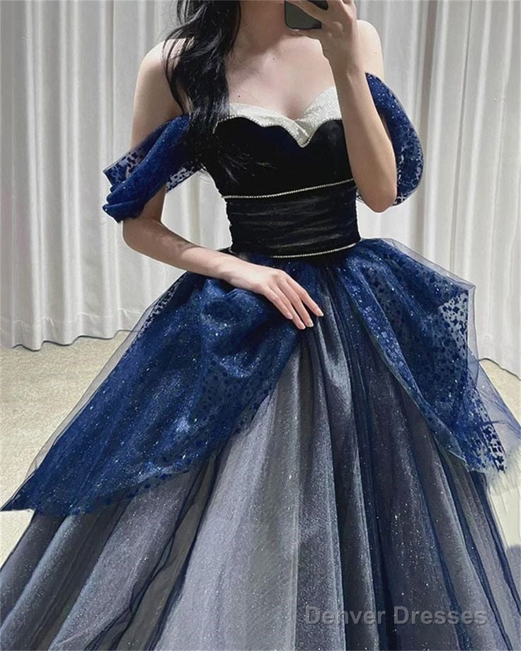 Gothic Glitter Blue Princess Tulle Prom Dress Blue Long Evening Dress