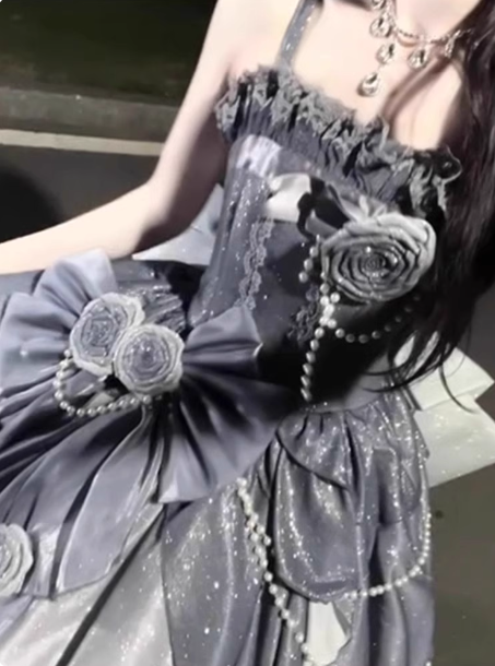 Gothic Sweet & Cool Silver Gray Spaghetti Strap 3D Floral Bow Sequined Satin Prom Dress Evening Dress Secondary image