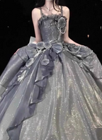 Gothic Sweet & Cool Silver Gray Spaghetti Strap 3D Floral Bow Sequined Satin Prom Dress Evening Dress