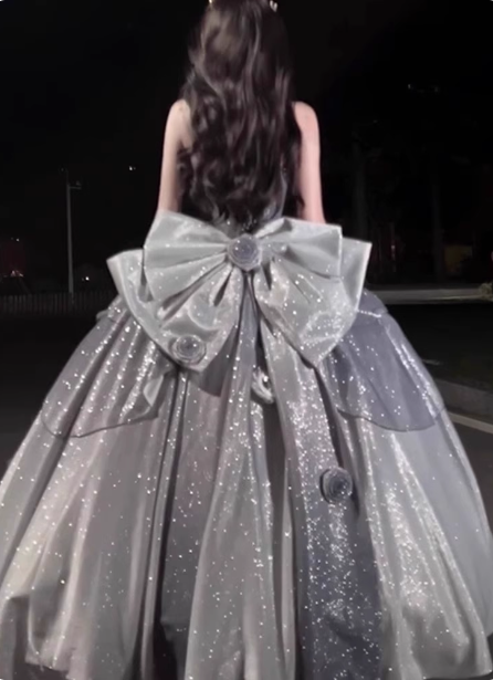 Gothic Sweet & Cool Silver Gray Spaghetti Strap 3D Floral Bow Sequined Satin Prom Dress Evening Dress