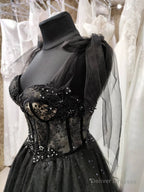 Gothic Tulle Black Party Dress,Prom Evening Dresses,Glitter A-Line Party Dress,Maxi Corset Dress