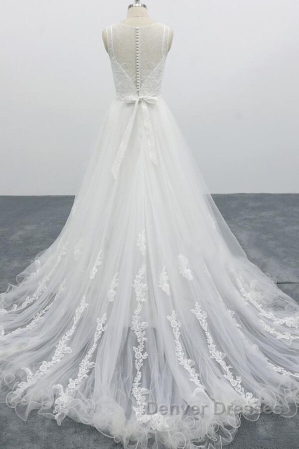 Graceful Long A-line Appliques Tulle Backless Wedding Dress Secondary image