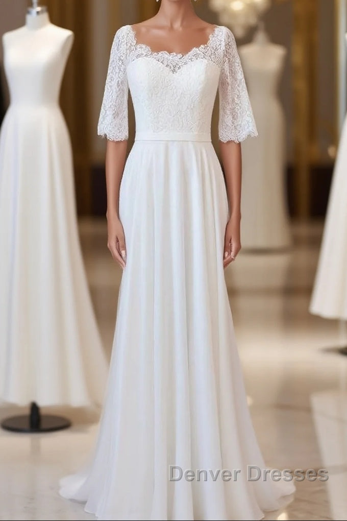 Graceful Long A-line Lace Chiffon Wedding Dress with Sleeves Main image