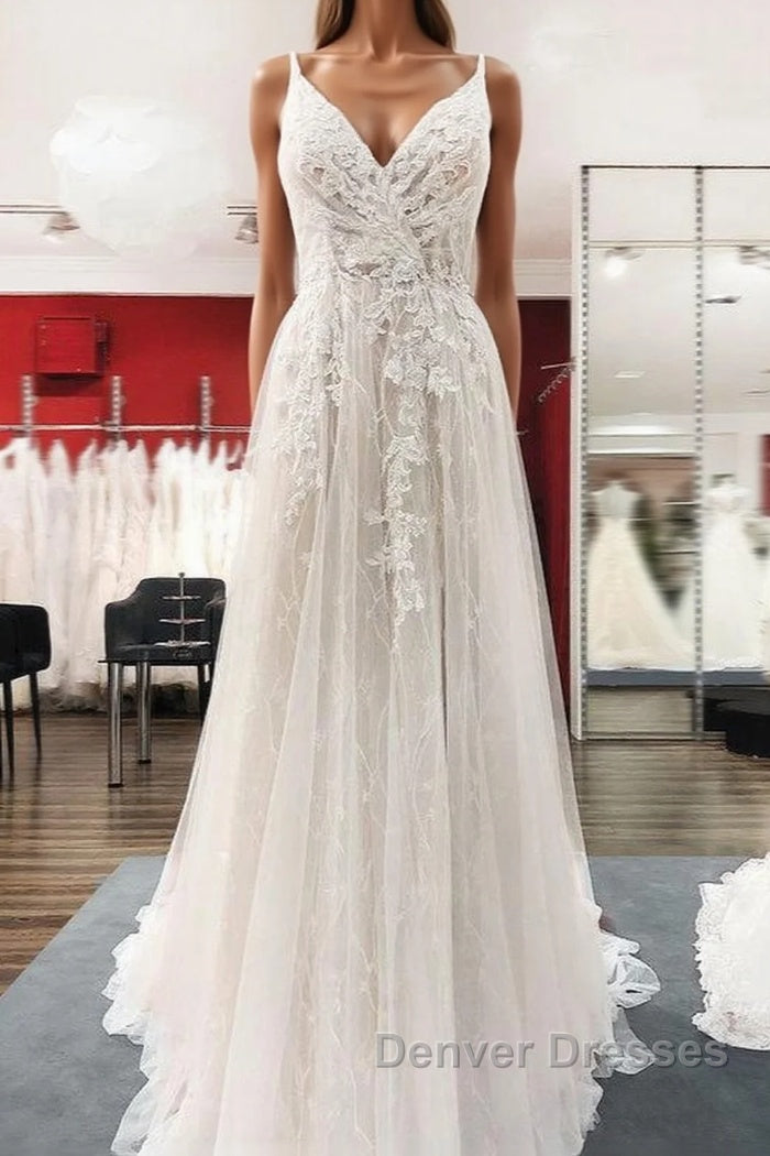Graceful Long A-line Tulle V-neck Lace Backless Wedding Dress Main image