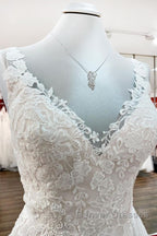 Graceful Long A-line Tulle V Neck Lace Open Back Wedding Dress