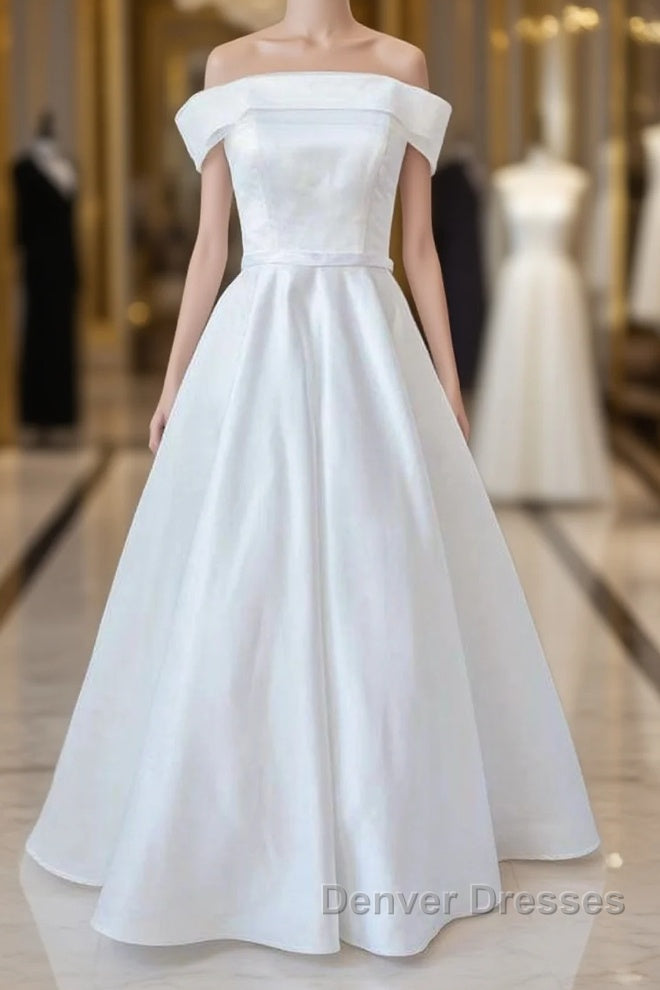 Graceful Long Ball Gown Off Shoulder Satin Wedding Dress Main image