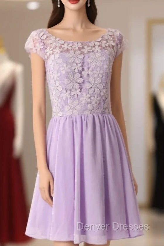 Graceful Purple Lace Round Neckline Short Prom Dress Purple Bridesmaid Dress Graduation Dress