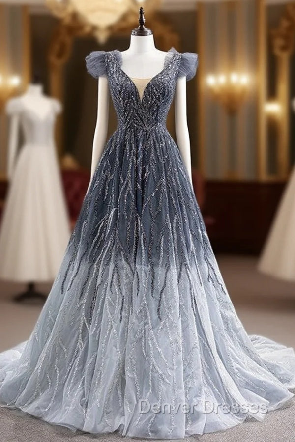 Gradation Gray Tulle V-neck Beading Prom Dress Main image