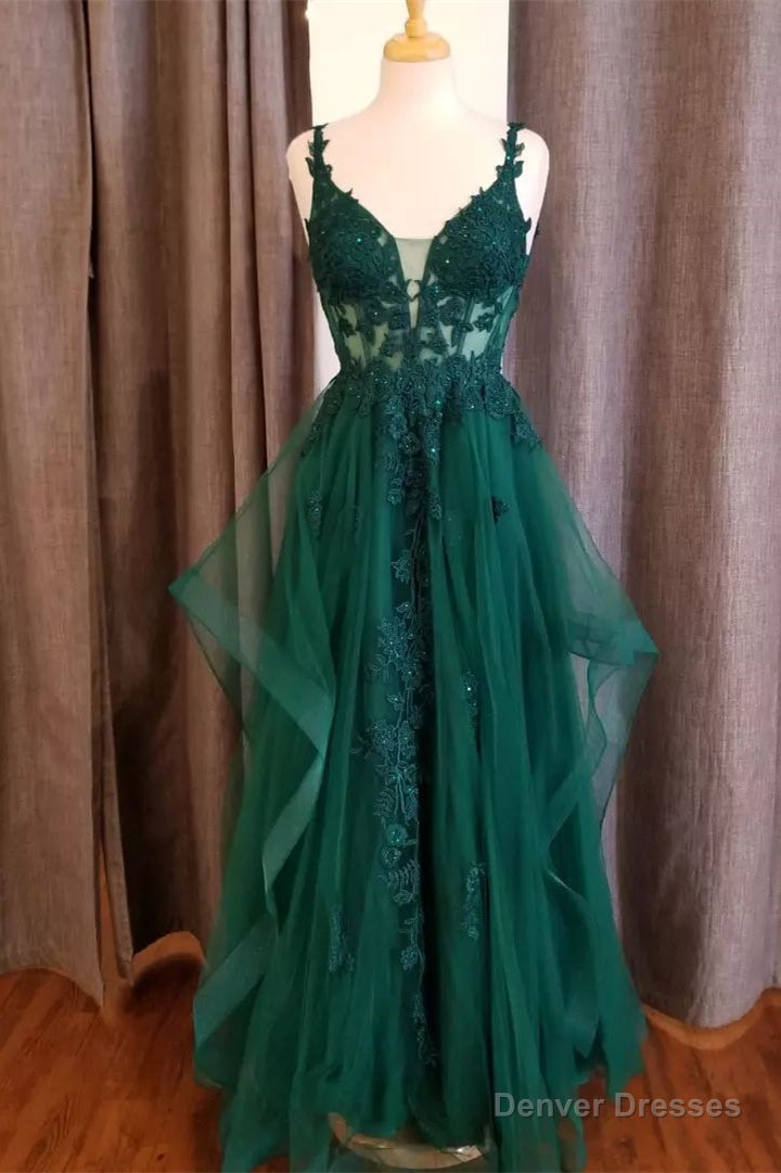 Hunter Green Flower Straps Deep V Neck Appliques Ruffles Long Prom Dress Main image