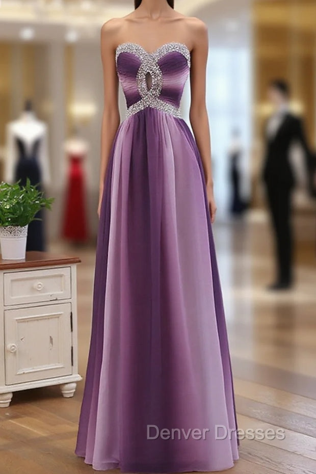 Gradient A-line Sweetheart Wedding Party Dress, Beaded Chiffon Long Prom Dress Main image
