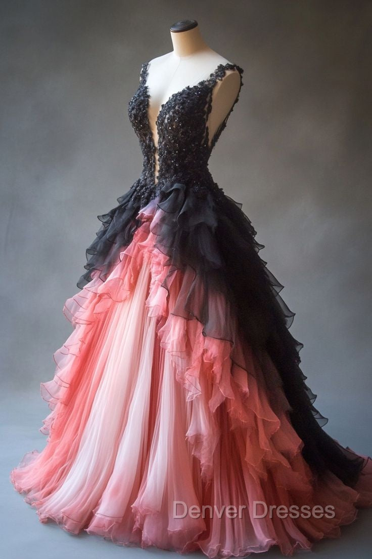 Gradient A-Line Tulle Lace Deep V Neck Long Prom Dress, Layered Beaded Evening Dress