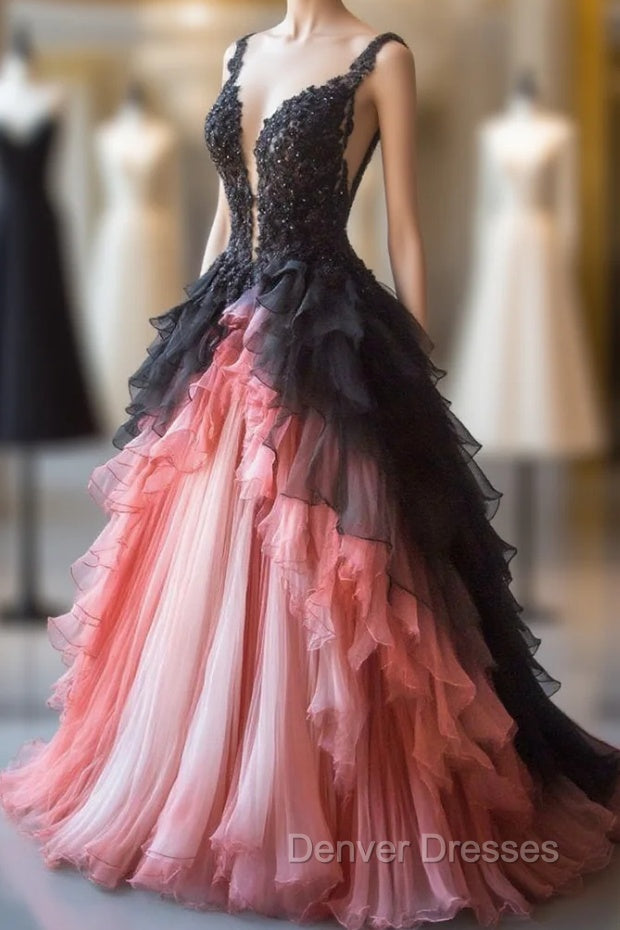 Gradient A-Line Tulle Lace Deep V Neck Long Prom Dress, Layered Beaded Evening Dress Main image