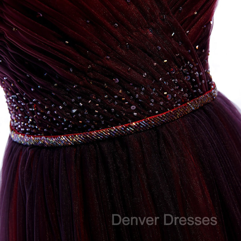 Gradient Beaded Wine Red Tulle Long Party Dress, A-line Wine Red Prom Formal Dress Secondary image