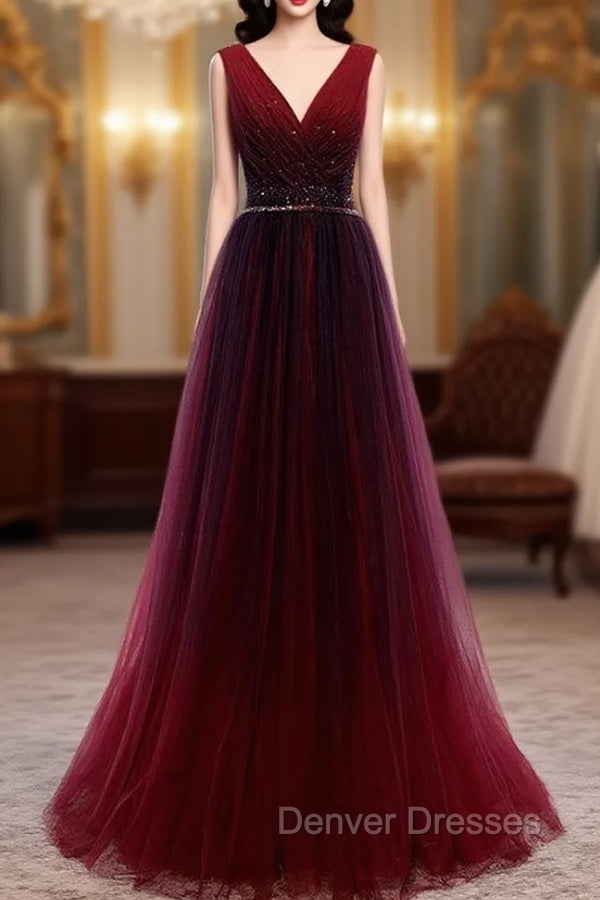 Gradient Beaded Wine Red Tulle Long Party Dress, A-line Wine Red Prom Formal Dress
