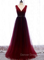 Gradient Beaded Wine Red Tulle Long Party Dress, A-line Wine Red Prom Formal Dress