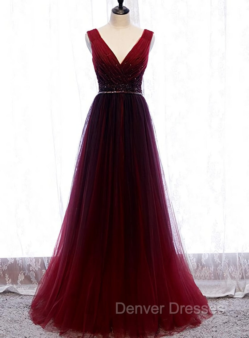 Gradient Beaded Wine Red Tulle Long Party Dress, A-line Wine Red Prom Formal Dress