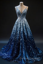 Gradient Blue A-Line Spaghetti Straps Sequins Long Prom Dress V-Neck Evening Gown